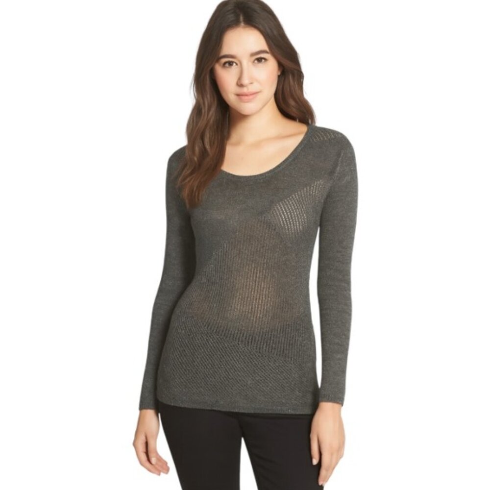 Eileen Fisher XS Grey Metallic Scoop Neck Merino Wool Blend Open Knit Sw…